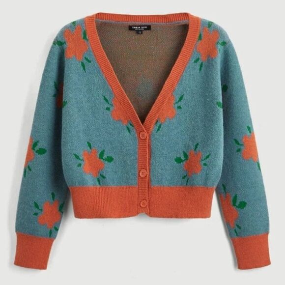 SHEIN Sweaters - Shein Mod Oversized Cardigan Sweater Size L Blue Orange Floral Retro